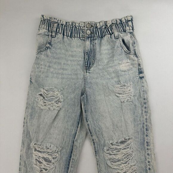 SO Juniors Distressed High Rise Mom Jean Denim 5/27W Paper Bag Waist Light Wash - Picture 3 of 11